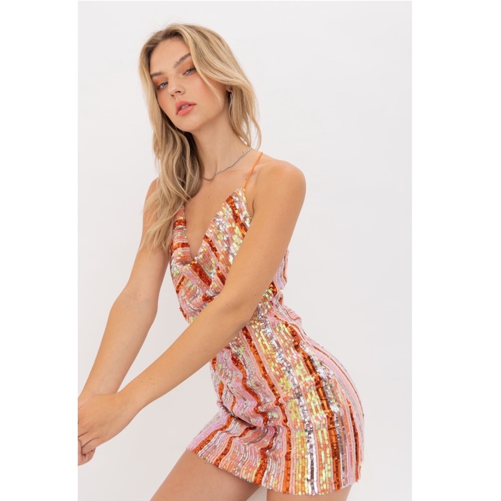 Pretty Garbage Orange Multi Micro Mini Sequin bodycon dress